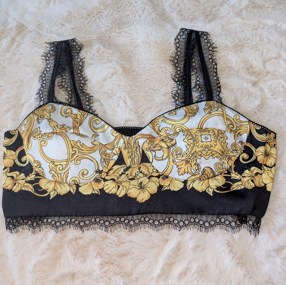 Lace-Trim Floral Baroque Bralette - Black & Gold